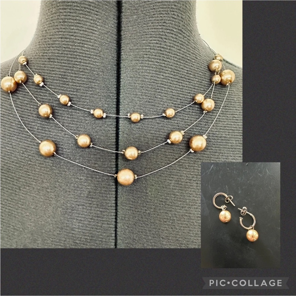 VINTAGE 1990s SIGNED KALAN DESIGNER CHAMPAGNE FAUX PEARL NECKLACE EARRINGS SET